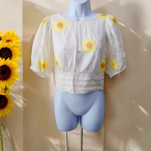 Free People My Girl Sunflower White Cotton Blouse Puff Sleeves & Back Button S - Picture 2 of 14